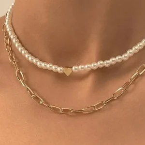 Collar Doble Perlas Y Cadena Oro Golfi