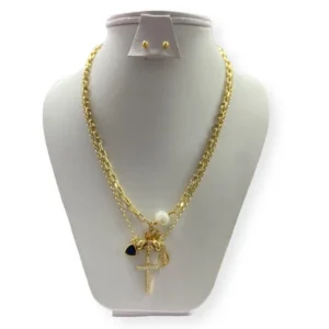 Collar Doble Con Dijes Y Aretes Rodio